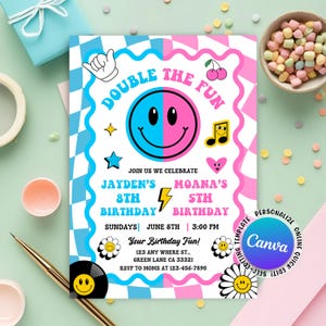 Double the Fun Birthday Invitation, Combined Birthday Invitation, Join Birthday Siblings Invitation, Boy Girl Join Party, Editable Canva