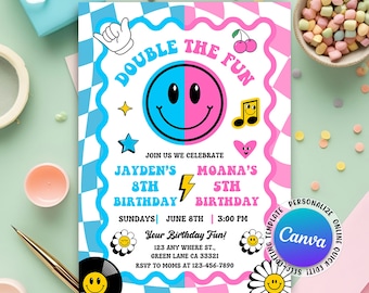 Double the Fun Birthday Invitation, Combined Birthday Invitation, Join Birthday Siblings Invitation, Boy Girl Join Party, Editable Canva