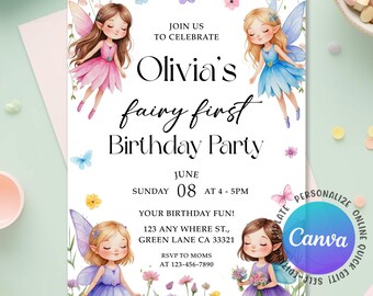 May include: A whimsical invitation for a fairy-themed first birthday party. The design features illustrations of fairies in pink and blue dresses, butterflies, and floral accents. The text reads "Olivia's fairy first Birthday Party" with event details.