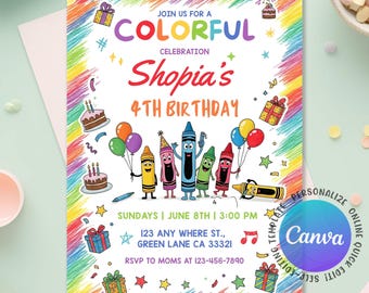 Invitación para fiesta de cumpleaños con crayones, fiesta infantil de arte con crayones, fiesta de cumpleaños con arte con crayones, invitación de cumpleaños infantil, plantilla editable de Canva