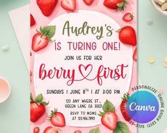 Berry First Birthday Invitation, Berry 1st Birthday Girl Invite, Strawberry First Birthday Girl First Birthday Invite, Editable Template