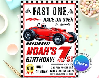 Faire-part un anniversaire rapide, invitation anniversaire voiture de course, voiture rouge vintage premier anniversaire garçon, voiture rétro 1er anniversaire garçon, toile modifiable
