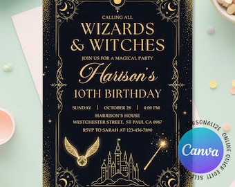 Wizards Witches Birthday Invitation, Magical School Wizardry Birthday Party Invite, Wizarding World Birthday Party, Editable Canva