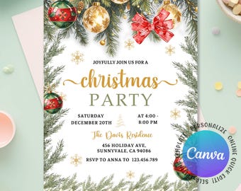 May include: A Christmas party invitation with festive decorations. The invitation features gold text that reads "Christmas Party" and includes details for the event. Ornaments, pine branches, and a red bow adorn the top of the invitation.