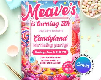 Candy Land Birthday Invitation, Sweet Celebration Birthday Invitation, Candy Birthday Party Invitation, Candy land Invite, Editable Canva