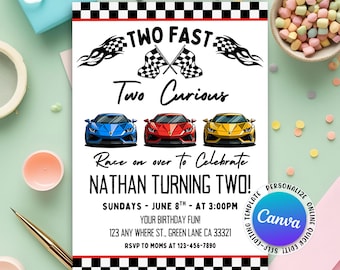 Two Fast Birthday Invitation, Growing up TWO fast racing red car invitation, Two Fast 2 Curious Race Car Invite, Editable Canva Template