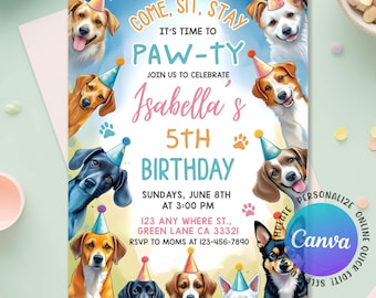 Dogs Birthday Party Invitation, Puppy Birthday Invite, Cute Dog Party Invite, Let’s Pawty, Calling All Party Animals Party, Editable Canva