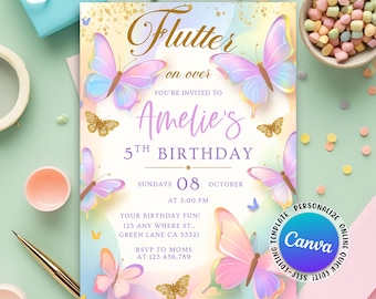 Invitación de cumpleaños de mariposa, Invitación de mariposa, Invitación de cumpleaños para niña, Invitación de cumpleaños para niñas con mariposa rosa y morada (editable en Canva)
