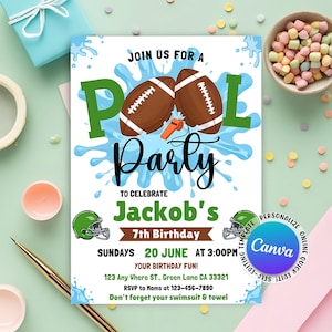 Football Pool Party Invitation, Pool Birthday Invitation, Football Invitation, Summer Birthday, Splash Theme Sports Invite, Editable Canva