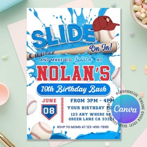 May include: Baseball-themed birthday invitation with a blue and white design. The invitation features the words "SLIDE On In!" and "NOLAN'S 10th Birthday Bash." Includes baseballs, a bat, and a baseball cap. The date is June 08.