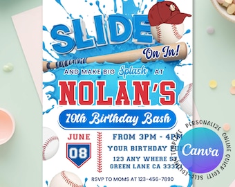 Baseball Birthday Invitation, Baseball Invite Pool Birthday Party, Baseball Water Slide Party, Baseball Invitation Editable Canva Template