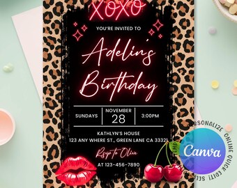 May include: A party invitation with a leopard print border and a black center. The invitation reads "XOXO, You're Invited to Adelin's Birthday, November 28, 3:00 PM." Features red lips and cherries. The Canva logo is visible.