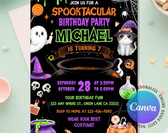 May include: A Halloween birthday party invitation with the text "SPOOKTACULAR BIRTHDAY PARTY MICHAEL IS TURNING 7". The invitation has a black background with illustrations of a ghost, cat, cauldron, and jack-o'-lantern.