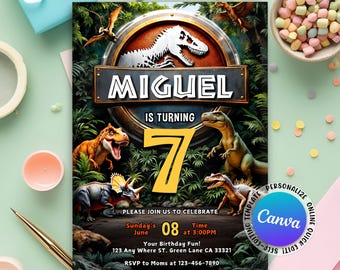 Invitación de cumpleaños con temática de parque de dinosaurios, invitación para fiesta temática del mundo de los dinosaurios, invitación de T-Rex para cumpleaños jurásicos (1.º, 3.º y 5.º), invitación editable en Canva