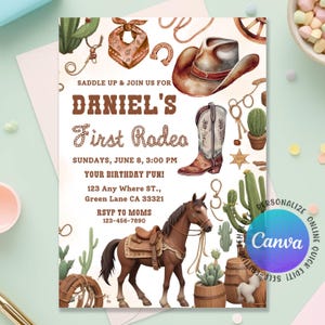 First Rodeo Birthday Invitation, Wild West Birthday Invite, Cowboy Boy 1st Birthday Invitation, My 1st Rodeo Invitation, Editable Canva