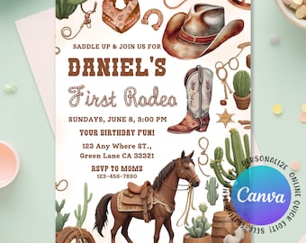 First Rodeo Birthday Invitation, Wild West Birthday Invite, Cowboy Boy 1st Birthday Invitation, My 1st Rodeo Invitation, Editable Canva