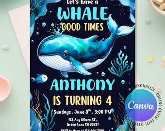 Whale Birthday Invitation, Whale Birthday Under The Sea Invitation Ocean Themed, Whale Invitation, Editable Canva, Whale Invitation Template
