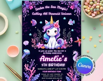 Unicorn Mermaid Invitation, Unicorn Invitation Under The sea Neon Birthday Invitation, Magical Unicorn Invitation, Canva Editable Template