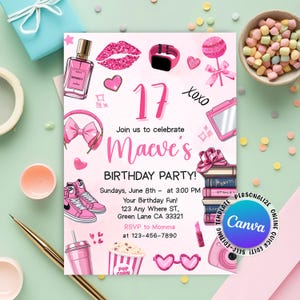 Pink Aesthetic Teen Birthday Invite, Pink Girl Teen Party, Double Digits Birthday Party, Teen Girl Birthday Anye Age, Editable Canva