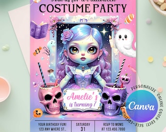 Può includere: Un invito a una festa in costume di Halloween con un design stravagante. L'invito presenta una ragazza dei cartoni animati con i capelli viola, due tazze a forma di teschio e il testo "COSTUME PARTY". L'invito è personalizzato con il nome "Amelie".