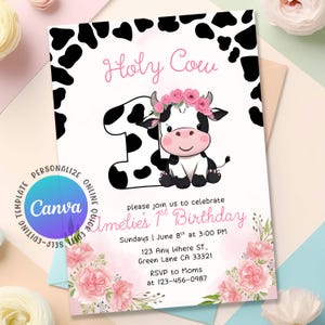 cow first birthday,cow birthday,Girl 1st Birthday,holy cow party evite,holy cow birthday,holy cow invite,ranch 1st birthday,holy cow invitation,cow invitation,moo moo birthday,cow first birthday,Cow evite,cow birthday,baby cow invitation,Editable Canva,Canva Template,farm birthday
