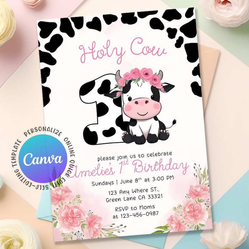 cow first birthday,cow birthday,Girl 1st Birthday,holy cow party evite,holy cow birthday,holy cow invite,ranch 1st birthday,holy cow invitation,cow invitation,moo moo birthday,cow first birthday,Cow evite,cow birthday,baby cow invitation,Editable Canva,Canva Template,farm birthday