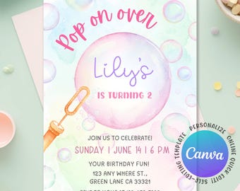 Bubble Birthday Invitation, Second Birthday Invite Bubbles Invitation, Pastel Bubble Pop on over Girl Birthday Invite, Editable Canva