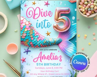 Dive into Five 5th Birthday Mermaid Invitation, Mermaid 5th Girl Invitation, Under The Sea Mermaid Tail Invite, Editable Canva Template