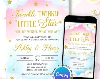 以下が含まれることがあります： ピンクとブルーの水彩画の背景、金色の星、そして「Twinkle Twinkle Little Star」のテキストが入った性別発表の招待状。招待状はスマートフォンと印刷されたカードに表示されます。