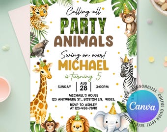 May include: A party invitation with a jungle theme. The invitation features illustrations of various animals, including a giraffe, zebra, and lion, with the text "Calling all PARTY ANIMALS". The invitation is for Michael's 5th birthday.