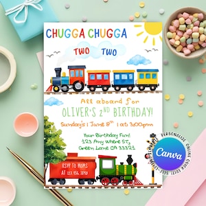 May include: A colorful birthday invitation with a train theme. The text reads "CHUGGA CHUGGA TWO TWO" and "All aboard for OLIVER'S 2ND BIRTHDAY!" The invitation includes a train illustration, a sun, clouds, and the Canva logo.