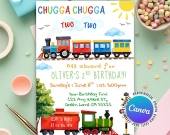 Train Birthday Invitation, Traind 2nd Birthday Invite, Two Two Train, Chugga Chugga Two Two 2nd Birthday Boy, Editable Canva Template