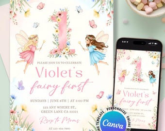 Fairy First Birthday Invitation, Girl 1st Birthday Invite, Enchanted Garden Fairy Invitation, Garden Fairy 1st Birthday, Editable Canva