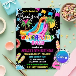 May include: A black invitation for a Backyard Waterslide Bash, celebrating Amelie's 5th birthday. The design features a colorful waterslide, palm trees, and the text "Don't forget your swimsuit!"