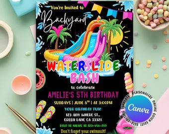 May include: A black invitation for a Backyard Waterslide Bash, celebrating Amelie's 5th birthday. The design features a colorful waterslide, palm trees, and the text "Don't forget your swimsuit!"