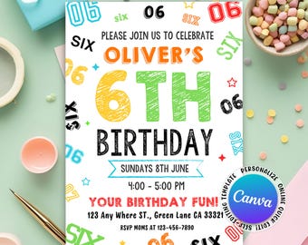 Invito per il sesto compleanno di un bambino, invito per la festa di compleanno di un bambino, invito con il numero del bambino, invito per il sesto compleanno di un bambino, modello modificabile su Canva