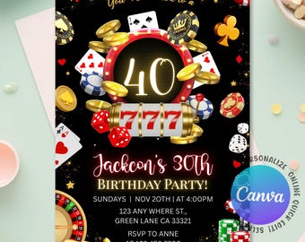 Casino Birthday Invitation, Casino Theme Invitation, Playing Cards Poker, Casino Poker Engagement,  21st 30th 40th 50th, Editable Canva