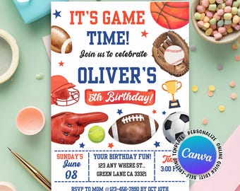 Sports Birthday Invitation, Ball Sports Birthday Party Invite, Sports Theme Party, Basketball, Soccer, Football, Editable Canva Template