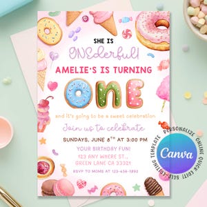 Sweet One Birthday Invitation, 1st Birthday Invite, Sweet Party Girl Invitation, Donut Ice Cream Cupcake Sweet Dessert, Editable Canva