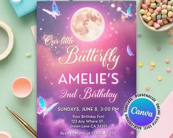 May include: A birthday invitation with a purple and pink gradient background, featuring a large moon and butterfly illustrations. The text reads "Our little Butterfly AMELIE'S 2nd Birthday" with event details and a Canva logo.