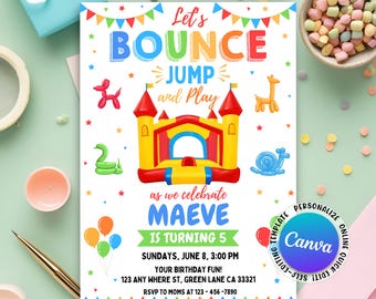 May include: A colorful invitation for a birthday party with a bounce house theme. The invitation features a cartoon bounce house, balloons, and the text "Let's Bounce Jump and Play as we celebrate Maeve is turning 5". The invitation also includes the date, time, and location of the party.