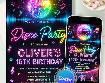Disco Party Birthday Invitation, Neon Glow Disco Party Invitation, Disco Gender Neutral Invite, Neon Glow Disco Party Invite, Editable Canva