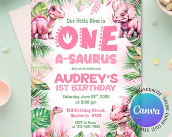 Dinosaur 1st Birthday Invitation, Pink Dinosaur Invitations, One-A-Saurus Invitation, Dinosaur 1st Birthday Girl Birthday, Editable Canva