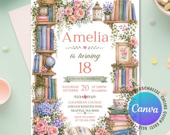May include: A birthday invitation card featuring a floral and bookshelf border with the text Amelia is turning 18, join us to celebrate, Saturday October 20 at 3:00PM to 6:00PM, Galerian Lounge 1158 Lockhaven Way, Seattle, WA 98101, RSVP to Emily 123-456-7890.