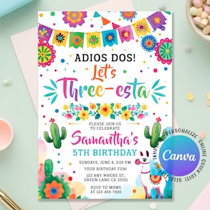 Three-esta Party Invitaion For A Girl Three-esta Birthday Invitation, Fiesta Invitation, Adios dos Mexican invitation, Canva Template