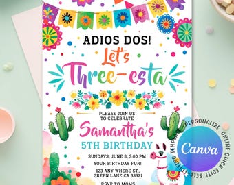 Tre-esta festinbjudan för en flicka Tre-esta födelsedagsinbjudan, Fiestainbjudan, Adios dos Mexikansk inbjudan, Canva-mall