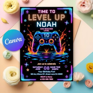 Arcade Invitation,Neon Gaming Invite,Neon Arcade Party,Game on Invitation,gamer invitation,Neon Video Game,Video Gamer Invite,Video Game Birthday,Video Game Invite,Gamer Party Invite,Level up Birthday,Glow Game Party,Invitation for Boys