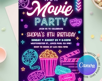 May include: A movie-themed birthday party invitation with a neon design. The invitation features the text "It's a Movie Party" and details for Shopia's 8th birthday, including the date, time, and location. The design includes film reels, popcorn, and movie tickets.