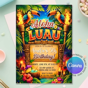 Puede incluir: Una vibrante invitación para una fiesta de cumpleaños con temática luau. El diseño presenta dos tucanes, antorchas y follaje tropical. El texto dice "Aloha Luau" y "¡5º Cumpleaños de Amelie!" con detalles del evento. Diseñado con Canva.