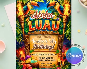 Aloha Luau Birthday Invitation, Tropical Birthday Invitation, Luau Birthday Invitation, Luau Invitation, Aloha Party Invite, Editable Canva